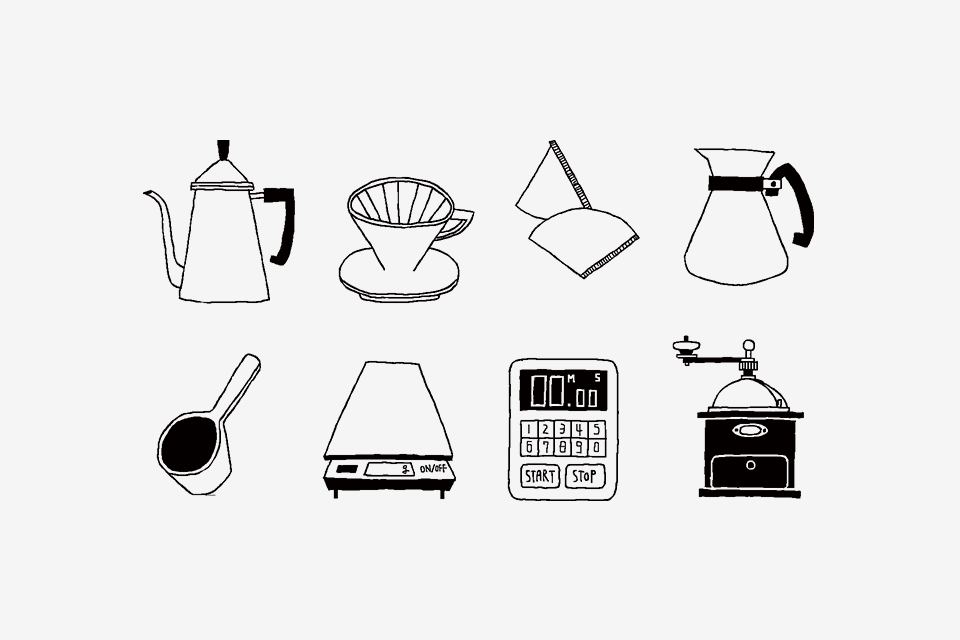 ドリップコーヒーを淹れるための道具の線画イラスト