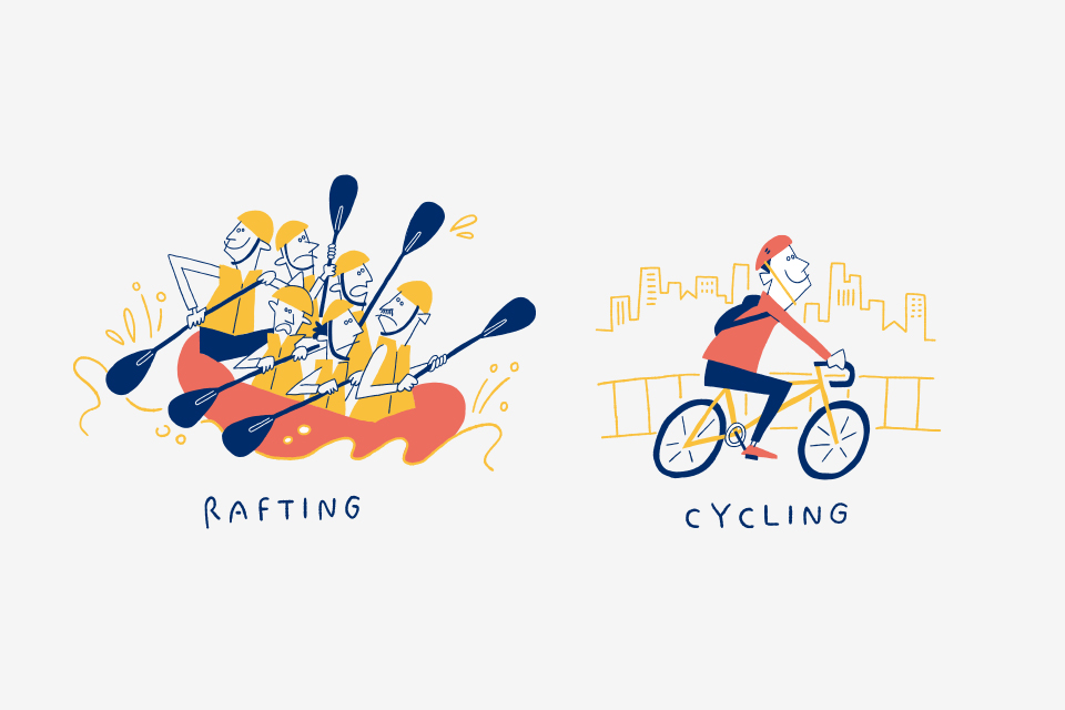 ラフティングとサイクリングのイラスト