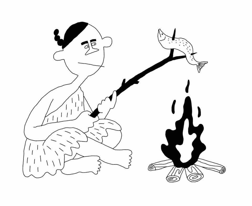 焚き火で魚を焼く原始人のGIFアニメ モノクロイラスト