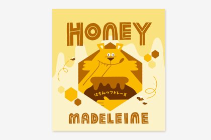 ハニーマドレーヌ パッケージ 表面デザインと蜂蜜を舐める熊のイラスト