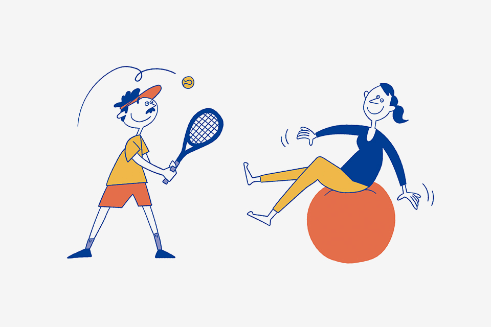 テニスをする男性と、バランスボールに乗る女性のイラスト