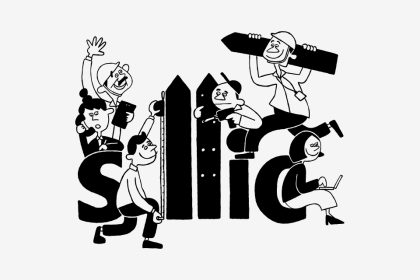 建築商材会社 SMIC モノクロイラスト ロゴの周りで働く社員さんのイラスト