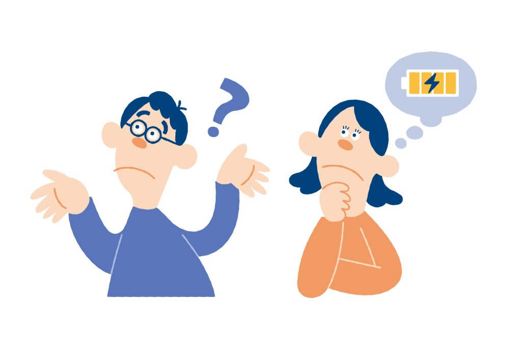 【大阪万博】自動給電バス内広告用イラスト 疑問に思う男女のイラスト